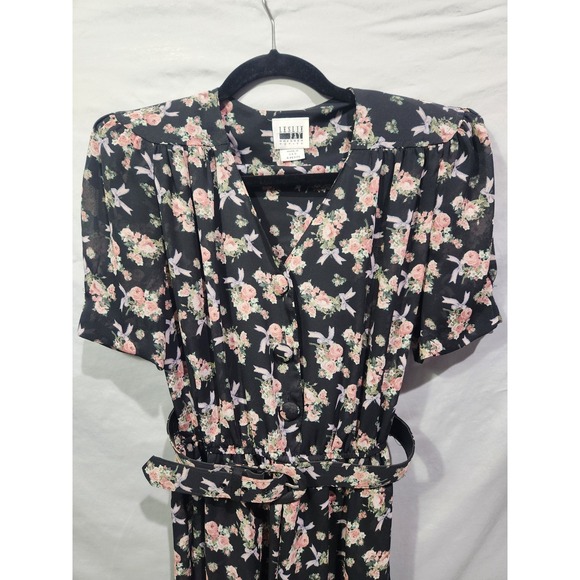 Vtg Leslie Fay Floral Bows Coquette Garden Midi Dress Size 4P SS Belted Pockets - Picture 2 of 8